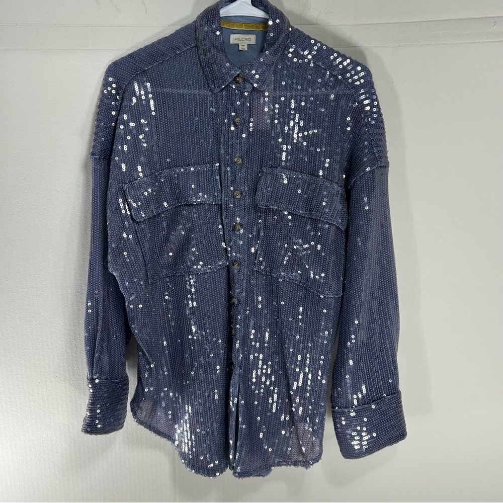 Anthropology Pilcro Shimmering Blue Buttondown Tunic Style Sequin Shirt Size XSP